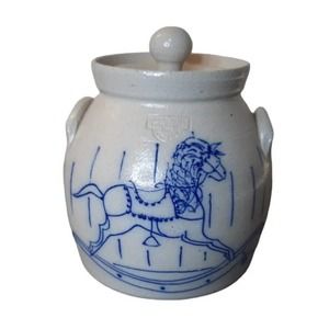 Salmon Falls Stoneware Pottery Carousel Horse Cookie Jar Crock W Lid 1992